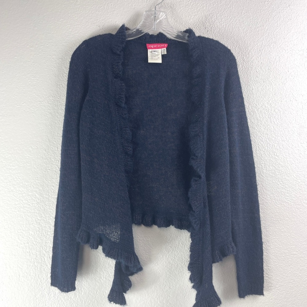 Apriori Navy Blue Metallic Ruffle Open Front‎ Alpaca Blend Cardigan Sweater Sz M